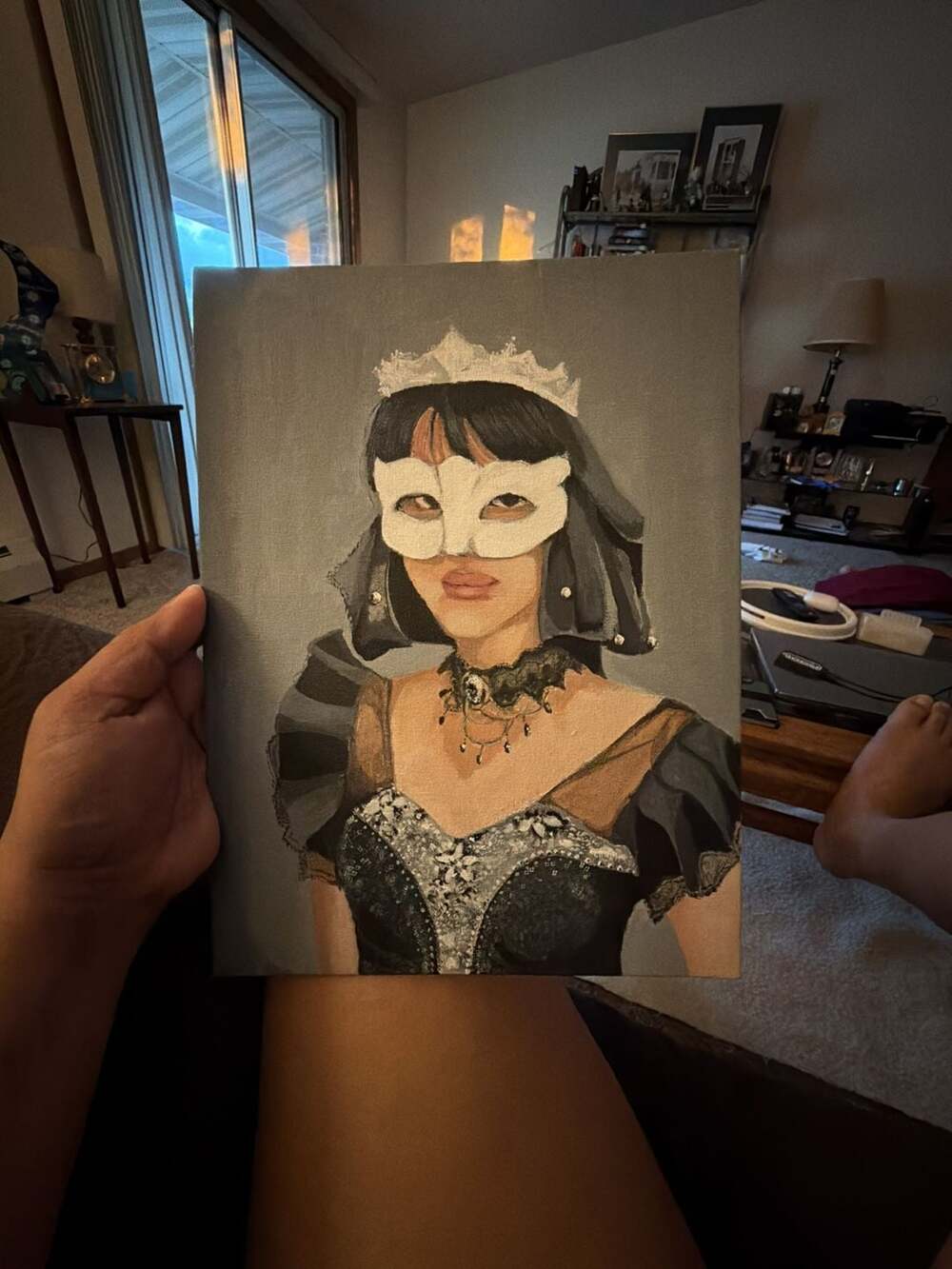 Original Hand-Painted Portrait of a Woman in Masquerade Mask and Lace Dress